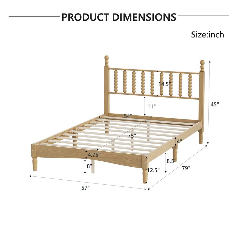 Retro Style Wood Low Profile Platform Bed with Wooden Slat Support and Gourd Shaped Headboard, No Box Spring Needed