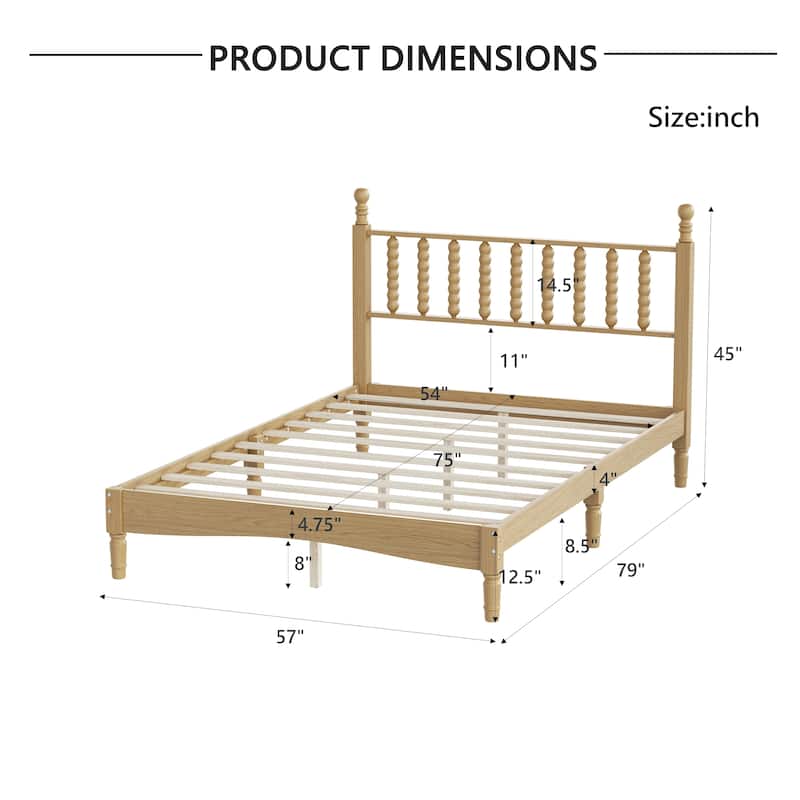 Retro Wood Platform Bed with Gourd Shaped Headboard, Wooden Slat Support, No Box Spring Needed