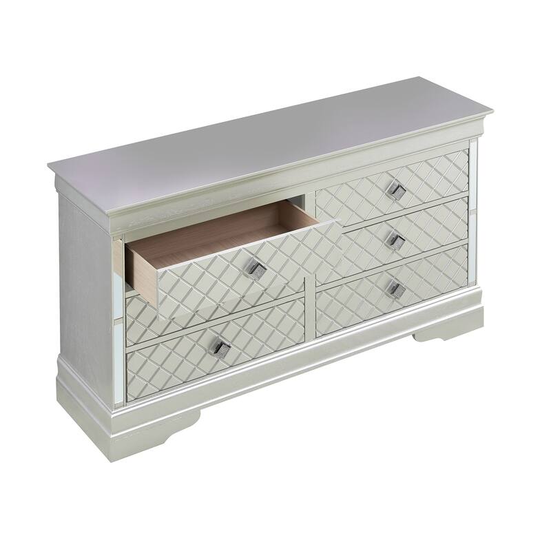 Embossed 6-Drawer Wooden Dresser - 59" - Silver Champagne