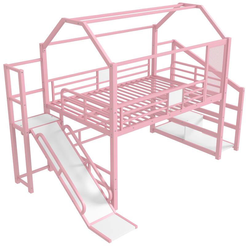 Full House Loft bed with Slide and Stairs, Metal Playhouse Bed with Storage Shelves, House-shaped Roof and Noise-free Design