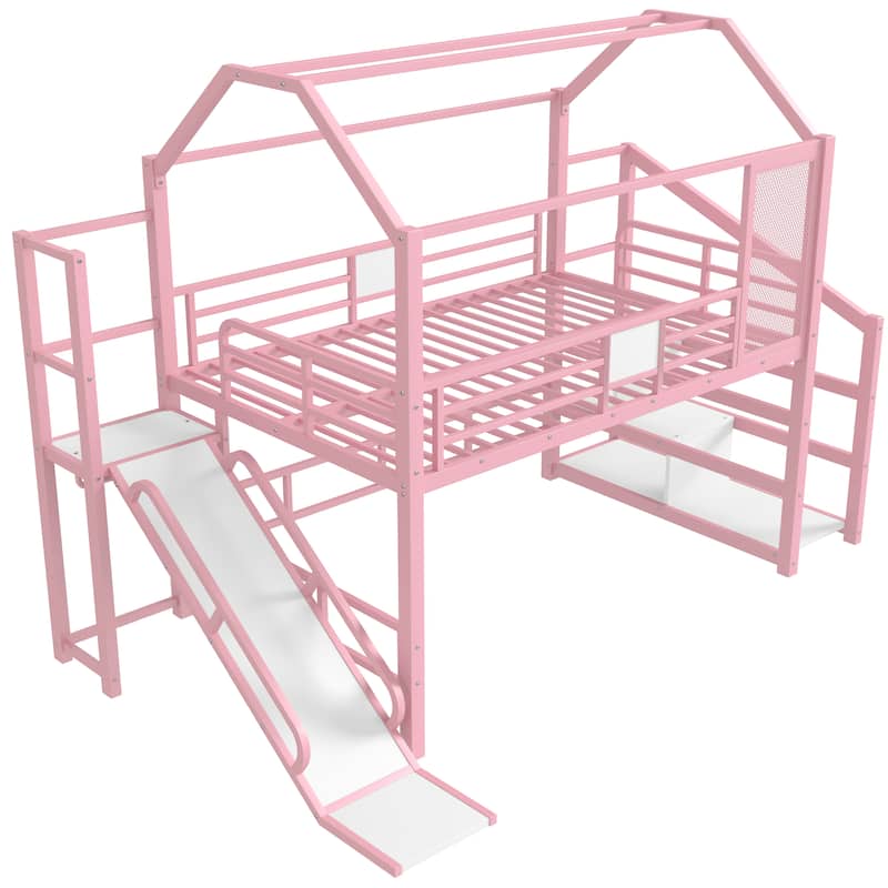 Fun Play House-shaped Loft Bed Metal Bed Frame with Grid and Shelves