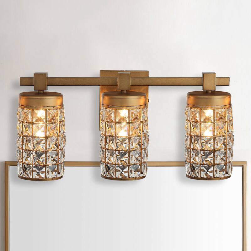 20 in. 3-Light Gold Wall Sconce with Crystal Cylinder Shade - N/A