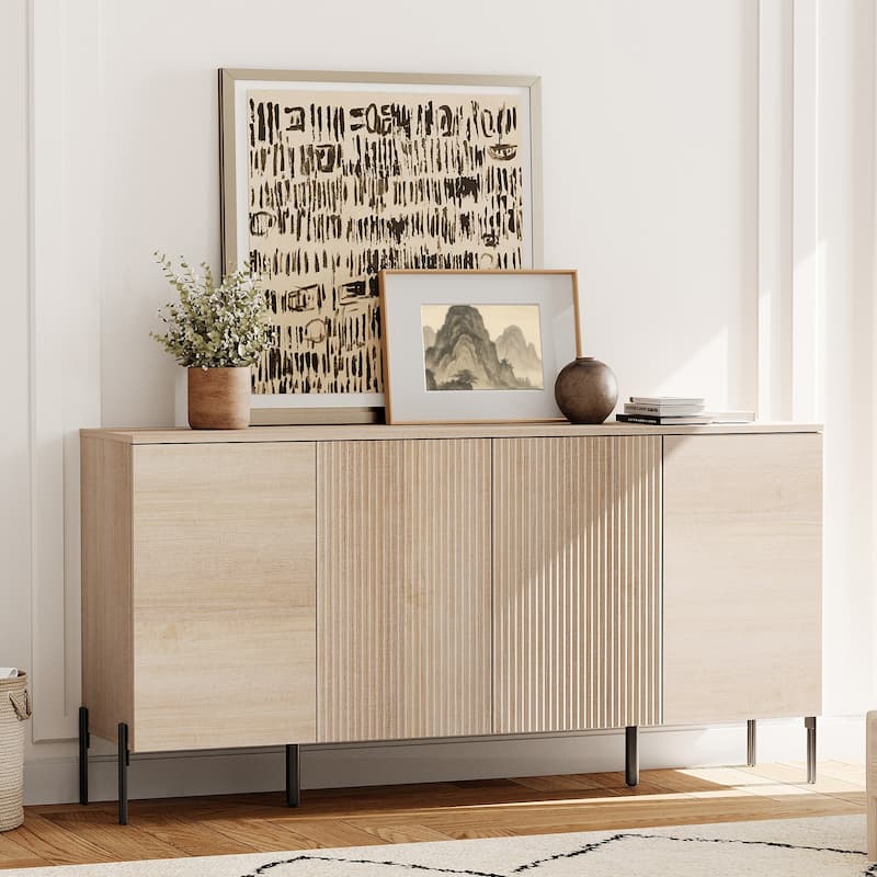 WAMPAT Wooden Reeded Baby Dresser For Bedroom, 61" 4-Door Cabinet For Kids, Mid Century Modern Closet Storage Organizer