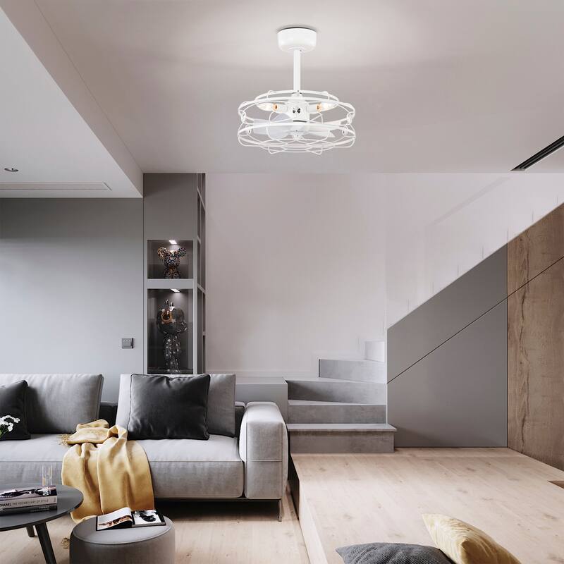 White Caged Lighted Ceiling Fan Fandelier 7-Blade Remote Control