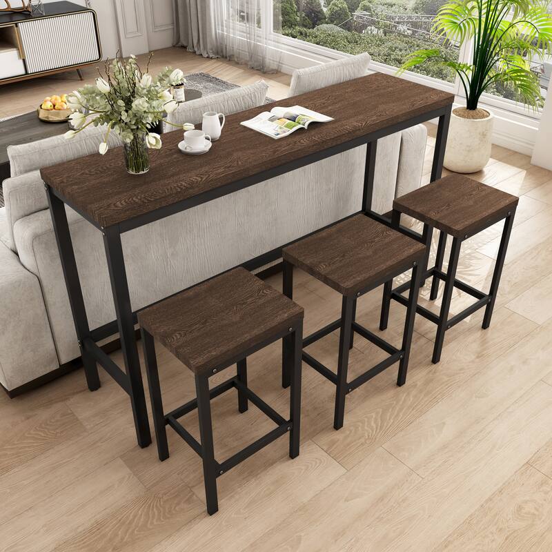 Modern Kitchen Pub Table, Long Dining Table Set with 3 Stools