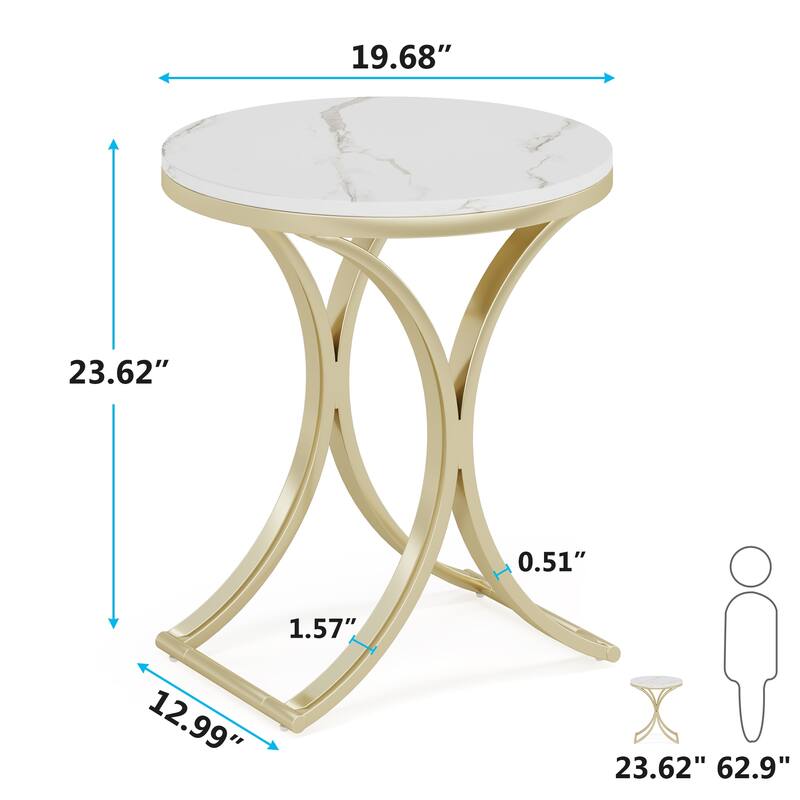 Small Modern Round Side Table End Table Nightstand with Gold Metal Frame and Faux Marble Veneer Engineered Wood for Living Room