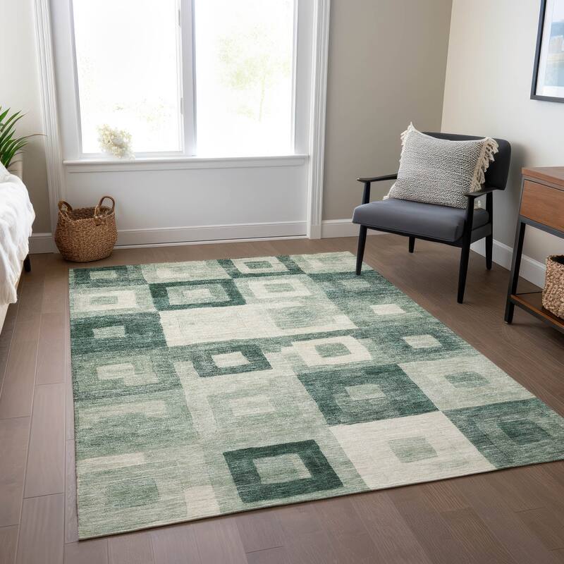 Machine Washable Indoor/ Outdoor Contemporary Blocks Chantille Rug