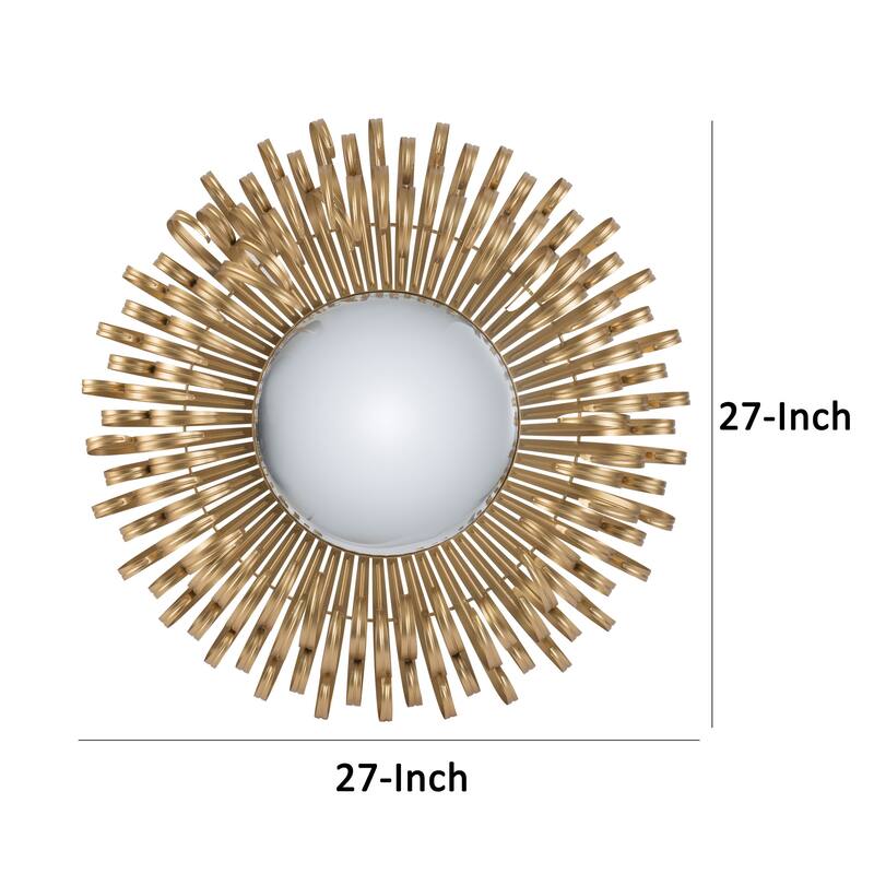 27 Inch Round Wall Mount Accent Decor Mirror, Sunburst, Iron Frame, Gold