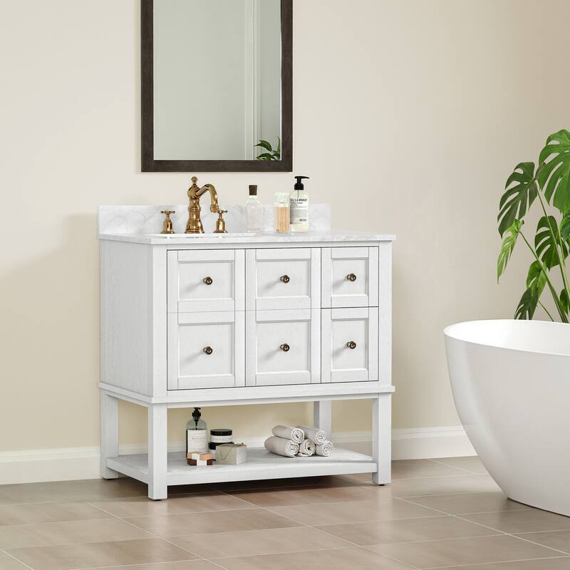 48 Inch Single Bathroom Vanity with 6 Drawers, Marble Top Bathroom Vanity with Sink in White