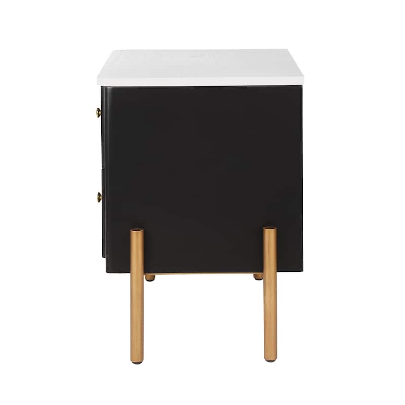 Modern Nightstand with 2 Storage Drawer, Fluted Bedside Table with Golden Metal Handles and Legs