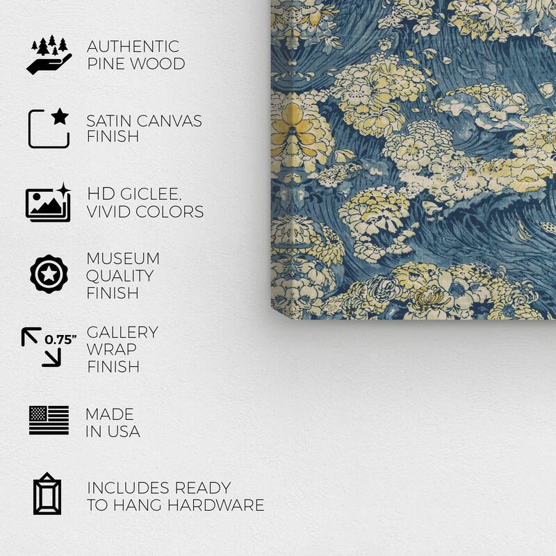 Wynwood Studio Canvas Abstract Arthur Silver - Cloth with Floral Sea Design Blue and Yellow Traditional Wall Art Canvas Print