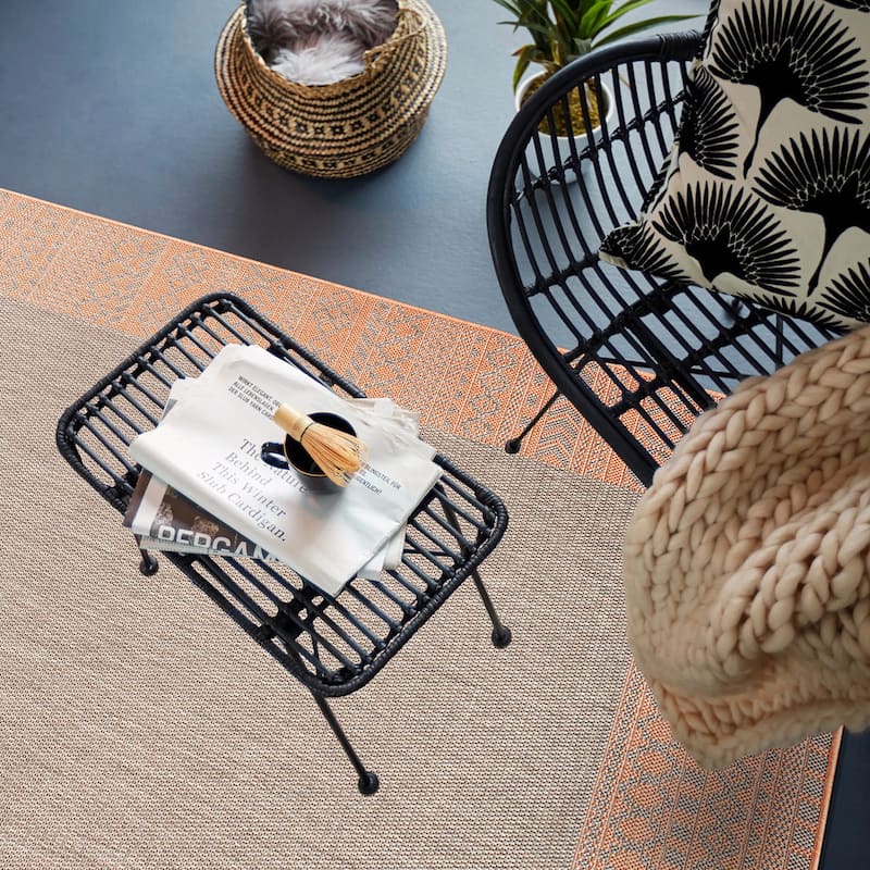Bohemian Bordered Indoor/Outdoor Flatweave Waterproof Backyard Patio Area Rug
