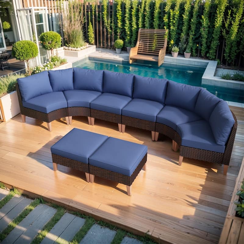 Gymojoy Outdoor Curved Sofa Set with Ottoman - Brown - Blue