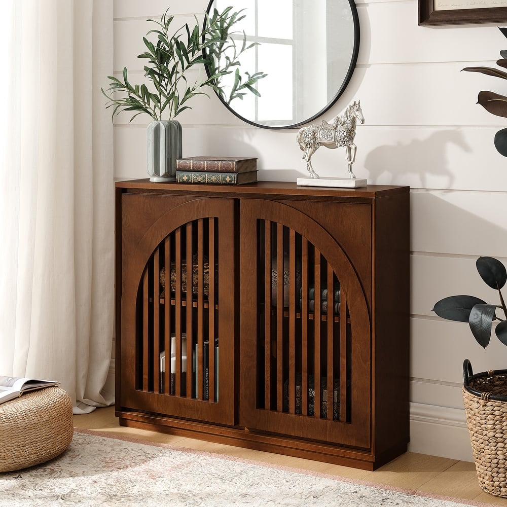 Small Sideboard Cabinet, Mid-Century Modern Openwork Door Sideboard with Storage, Narrow Sideboard for Living Room, Coffee Bar