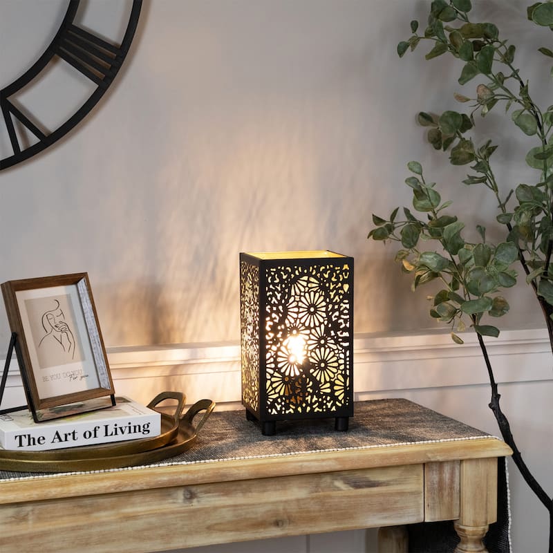 Floral Laser-Cut Iron Table Lamp - 11" - Black and Gold - 11