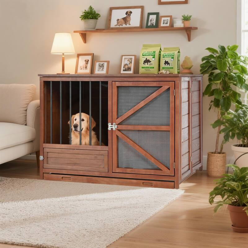 43" Solid Wood Dog Crate Furniture, Foldable Indoor Kennel with 360 Rotating Feeder for Small & Medium Dogs - Walnut