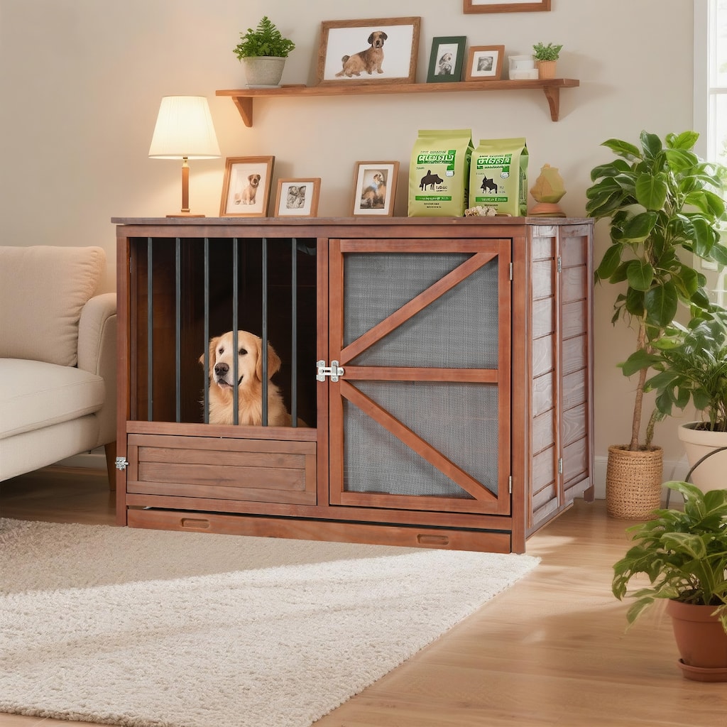 43" Solid Wood Dog Crate Furniture, Foldable Indoor Kennel with 360 Rotating Feeder for Small & Medium Dogs