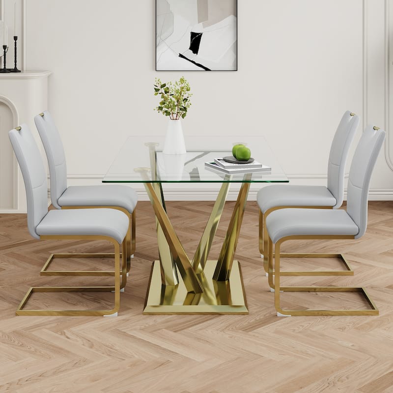 5-Piece Rectangular Dining Table Set for 4 Modern 63" Tempered Glass Kitchen Table with 4 Chairs, Luxury Dining Room Table Set