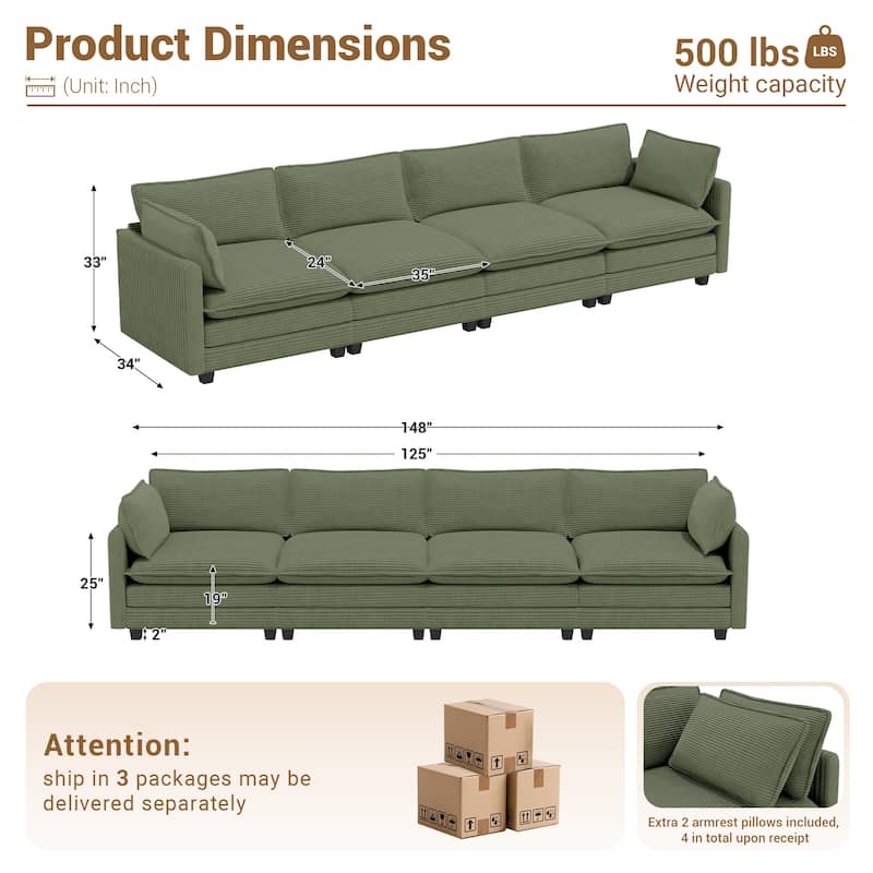 148" Overised 4 Seater Corduroy Clud Couch Modular Sectional Sofa for Living Room