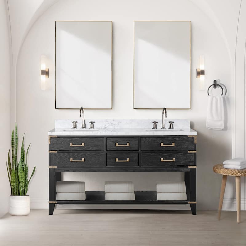 Lexora Norwalk Bath Vanity, Carrara Marble Top, and Mirror - 60 Inch - Black Oak