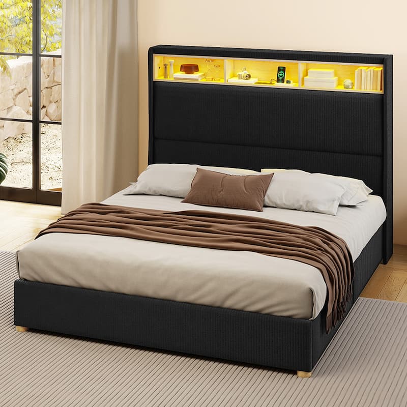 Moasis Corduroy Upholstered Platform Bed Frame with Charging Station and RGB LED Lights