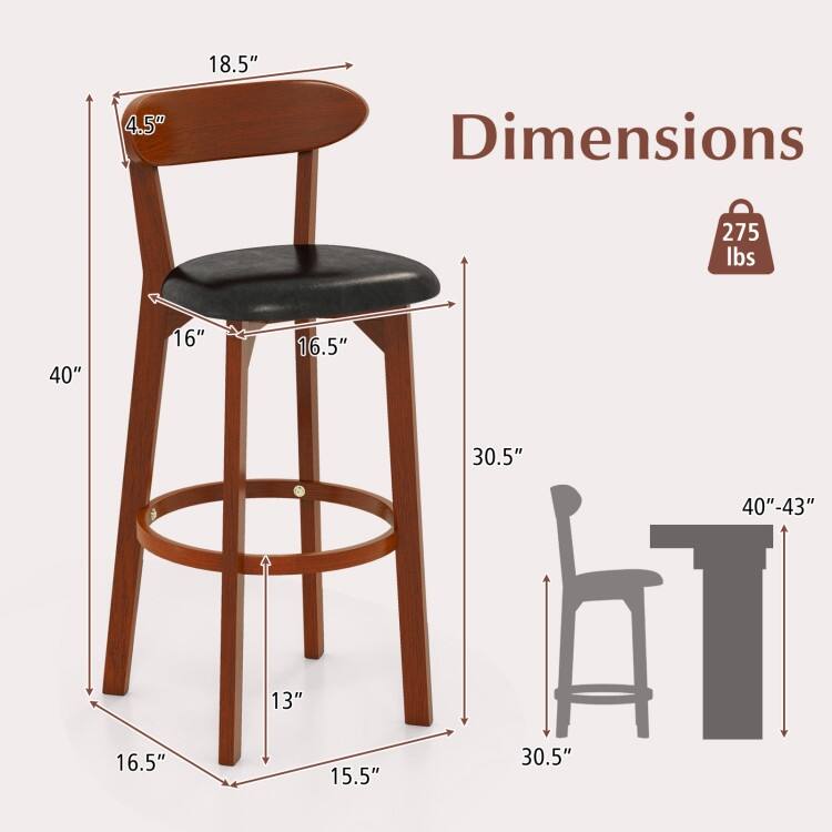 Walnut and Black Rubber Wood Bar Stools Set of 2 with PU Leather Seat and Footrest