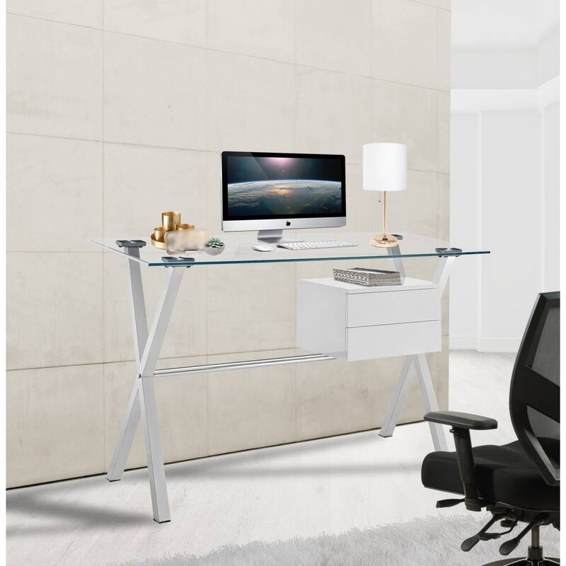 Warner Modern Glass Top Home Office Computer Writing Desk with Two drawers - White