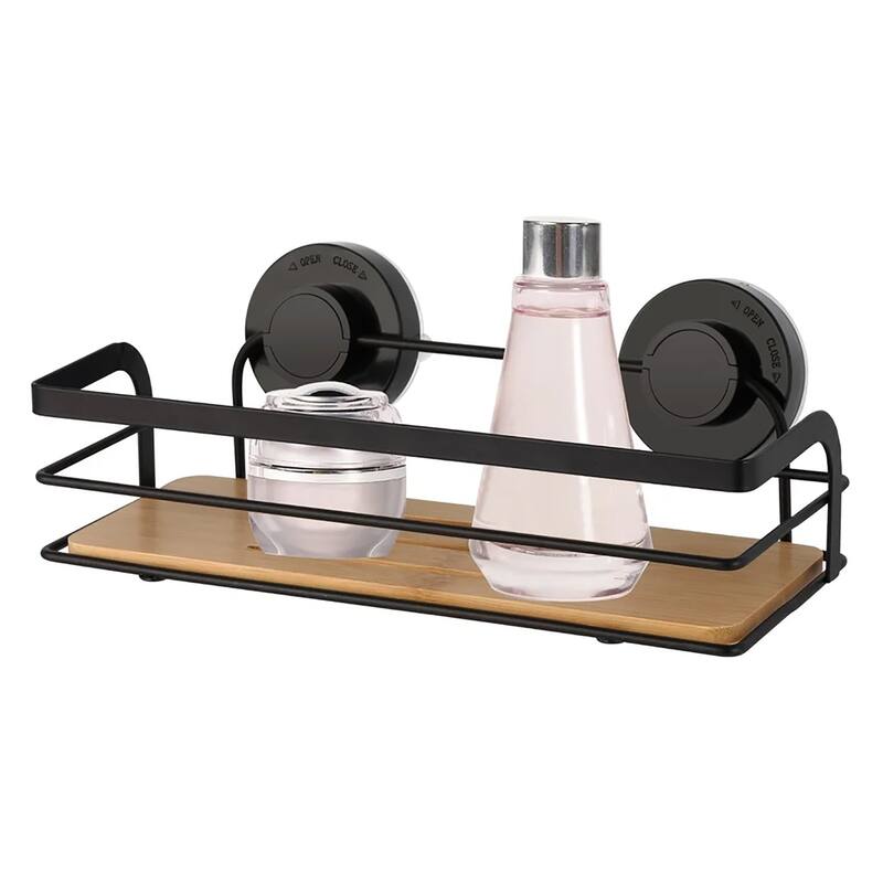 Matte Black Bamboo Shower Storage Caddy Shelf With Suction Cups