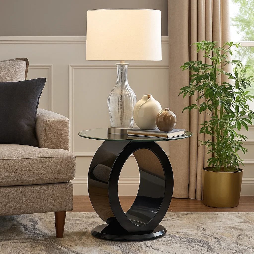 Contemporary Tempered Glass Top End Table with O Shape Base, Black