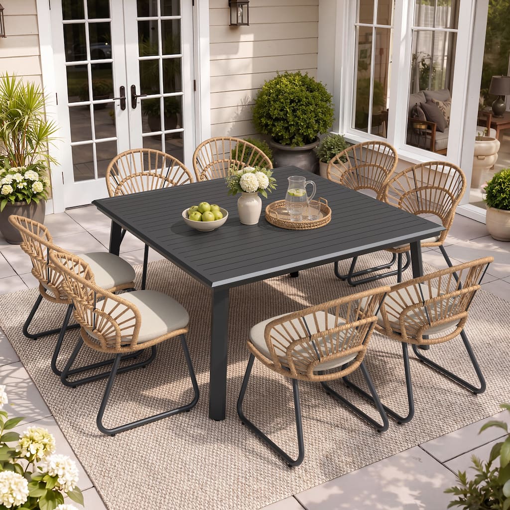 9-Piece Outdoor Patio Dining Set Aluminum Dining Table and Boho PE Wicker Dining Chairs