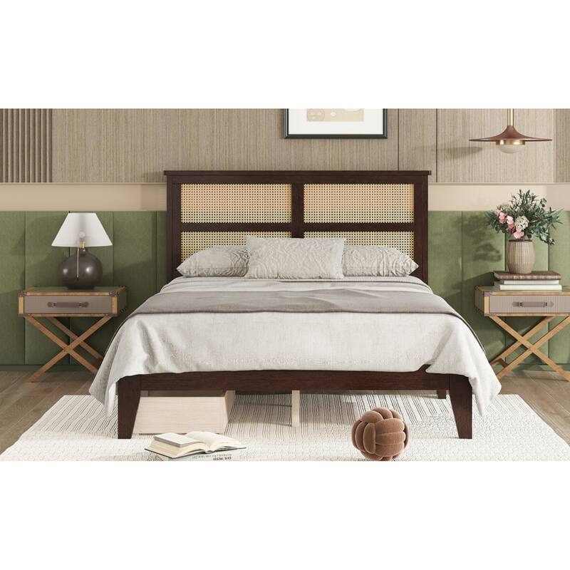 Roomfitters Full Rubber Wood Bed with Rattan Headboard, Underbed Storage Design, Reinforced Slats and Support Feet
