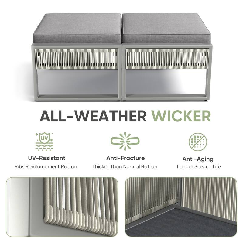 2 Pieces Outdoor Patio Ottoman, All Weather Rattan