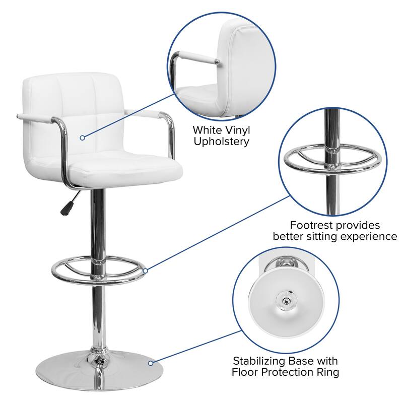 Quilted Vinyl Adjustable Height Barstool with Arms and Chrome Base - 20"W x 18"D x 36.75" - 45.25"H