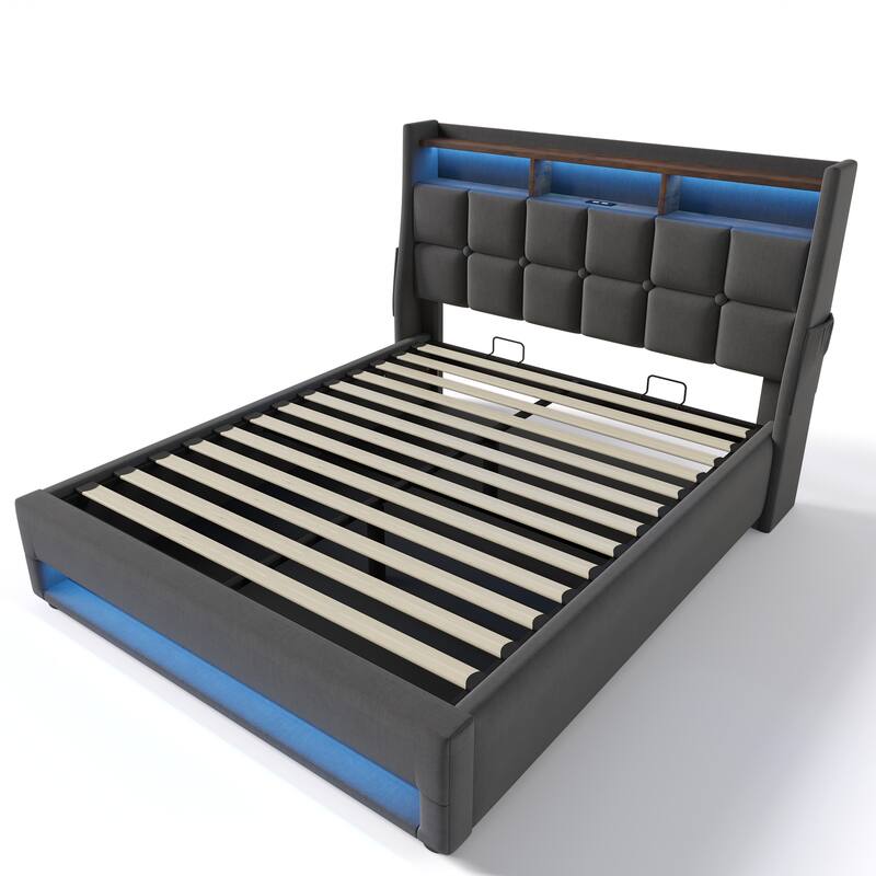 Queen size Upholstered Platform bed with a Hydraulic Storage System, LED and USB Charging, Natural (without mattress)