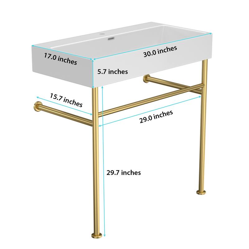30" Ceramic Console Sink with Overflow, White Basin, Gold Stainless Steel Legs, Easy Installation