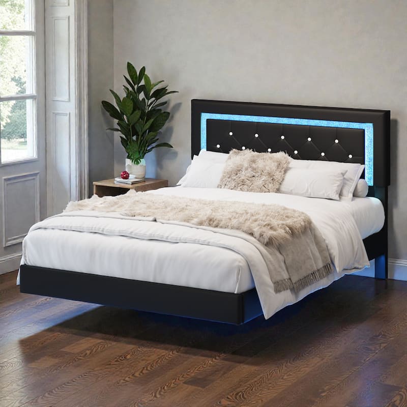 Floating Upholstered Bed Frame with LED Lights, Diamond Tufted Headboard, PU Leather Platform Bed, No Box Spring Needed