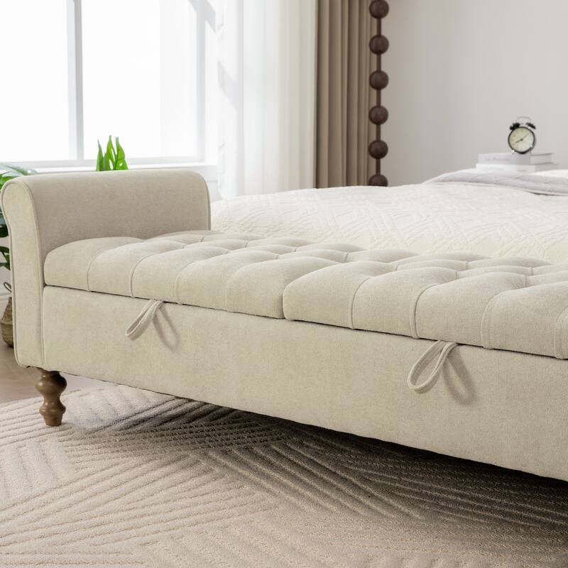 65.7"W Tufted Upholstered Storage Bench With Double Lids,Rubberwood Legs