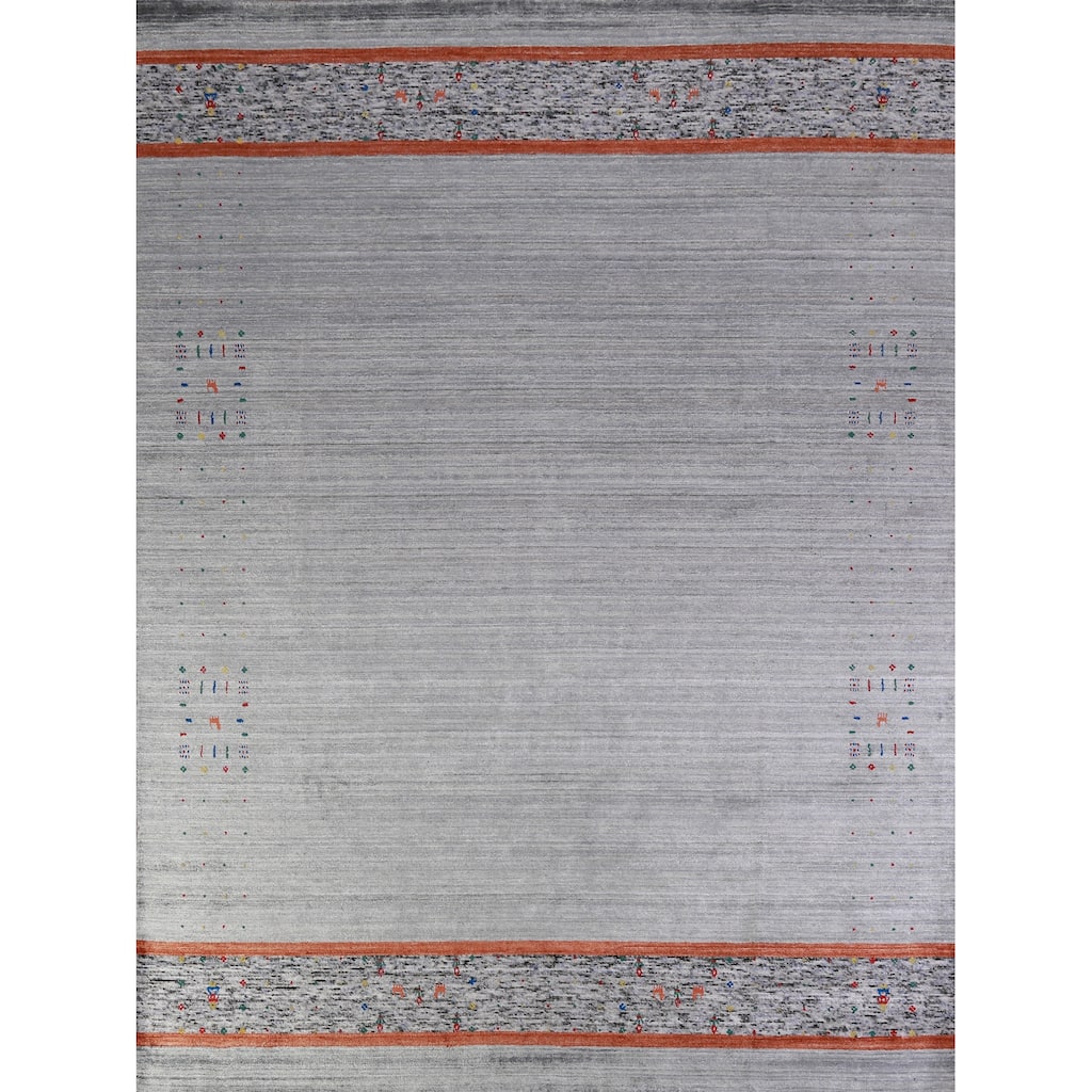 Hand Knotted Oriental Viscose Silk Carpet Tribal Stripe Greys & Charcoal Gabbeh Area Rug - 10' 0'' X 8' 4''