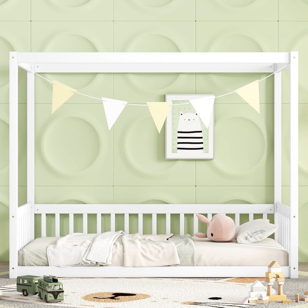 Wooden Canopy Frame Floor Bed without Slats, Kids Floor Bed Frame with Four Poster Design and Fence