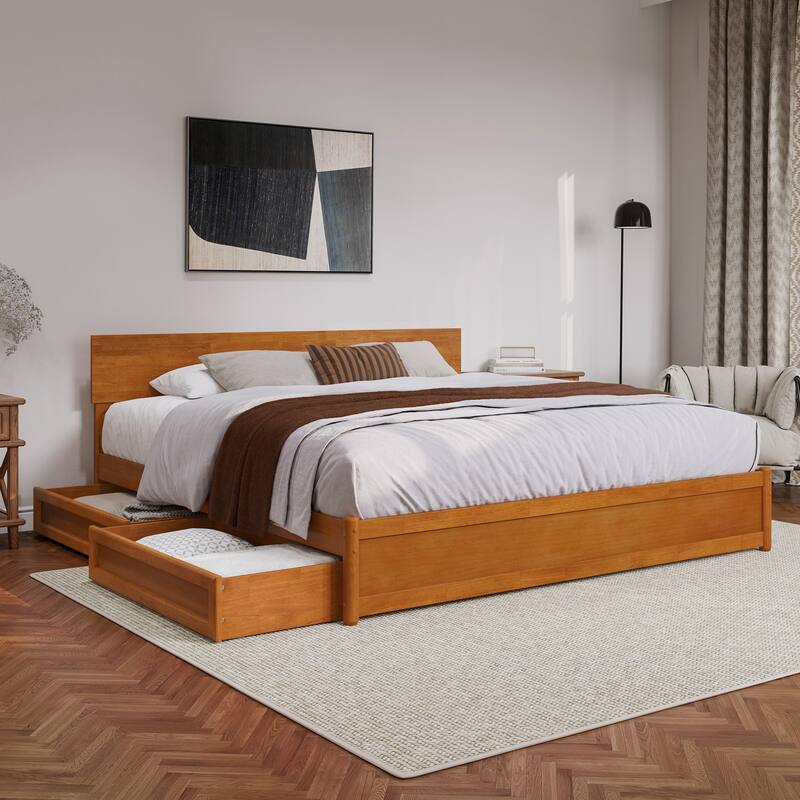 Wesley Platform Bed with Panel Footboard and Storage Drawers - Light Toffee - King