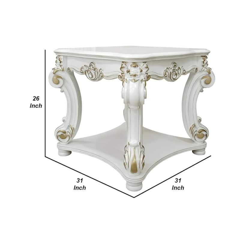 31 in. White and Gold Square Wood End Table, Sturdy Build End Side Table for Living Rooms
