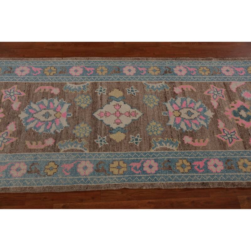 Hand Knotted Oriental 100% Wool Carpet Transitional Floral Brown Oushak Runner Rug - 15' 3'' X 3' 4''