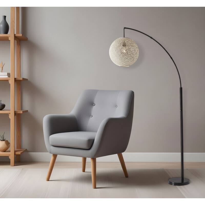 77" Modern Arc Floor Lamp with Rattan String Globe Shade Black Cord 3-Way Switch for Living Room - 76.5”H x 14”W x 40”D