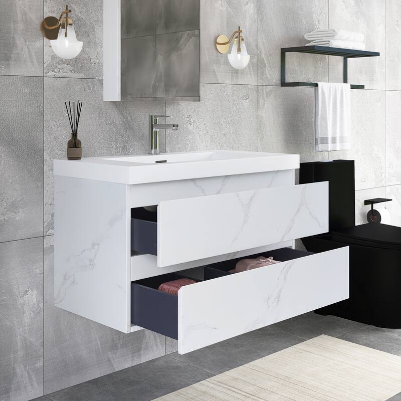 Floating Bathroom Vanity Integrated White Resin Sink