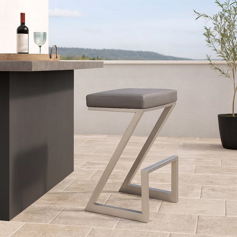 Z Shaped Metal Backless Barstool with Padded Seat, Silver and Gray