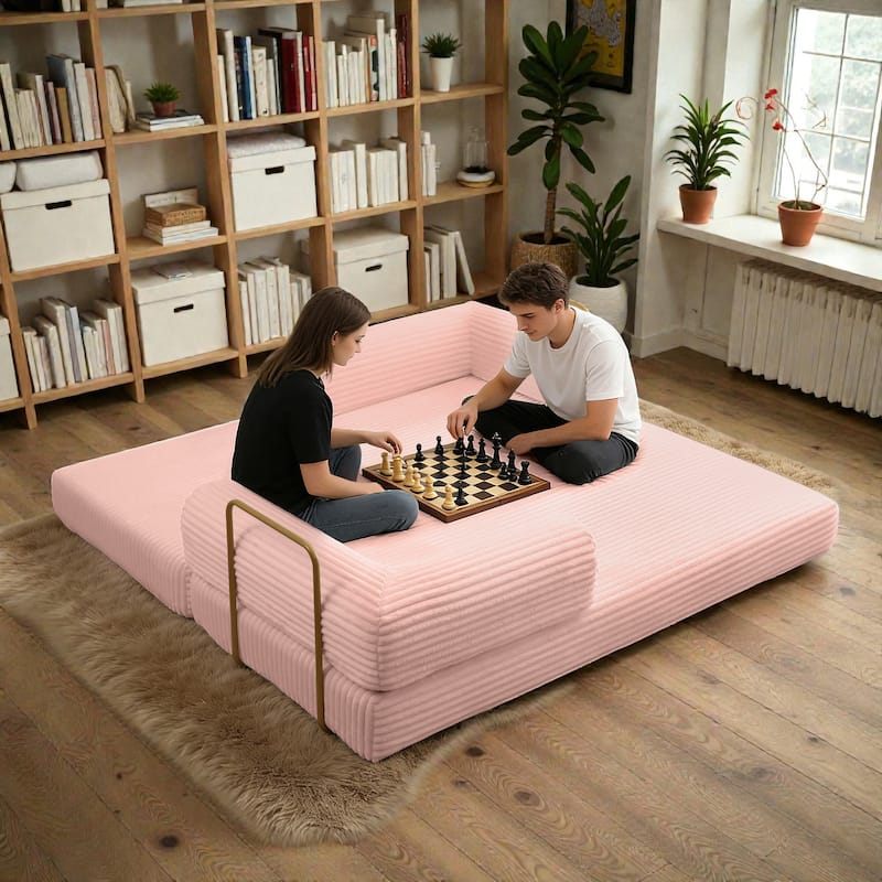 Convertible Sofa Bed Futon, Corduroy Folding Floor Couch with Pillows, Boneless Sleeper Mattress for Living Room