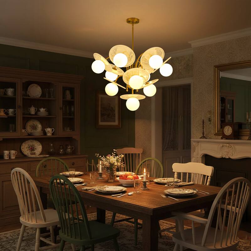 29.1" W 10-Light Mid-Century Chandelier with Cloud Glass Discs and Opal Globes in Brushed Gold