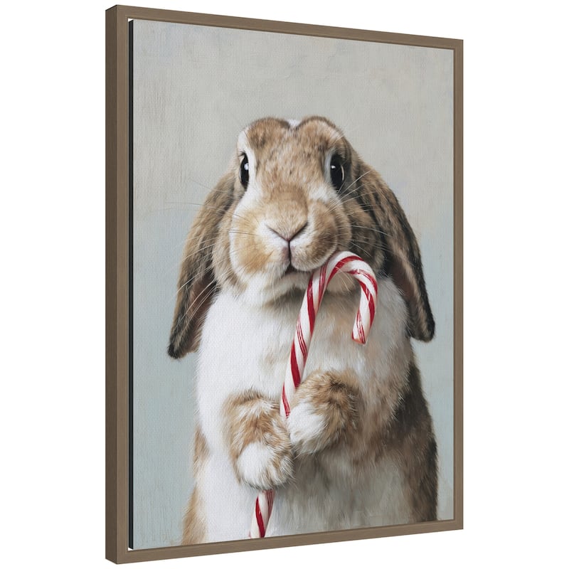 Kate and Laurel Sylvie Framed Canvas Cute Bunny Candy Cane by The Creative Bunch Studio - Gold