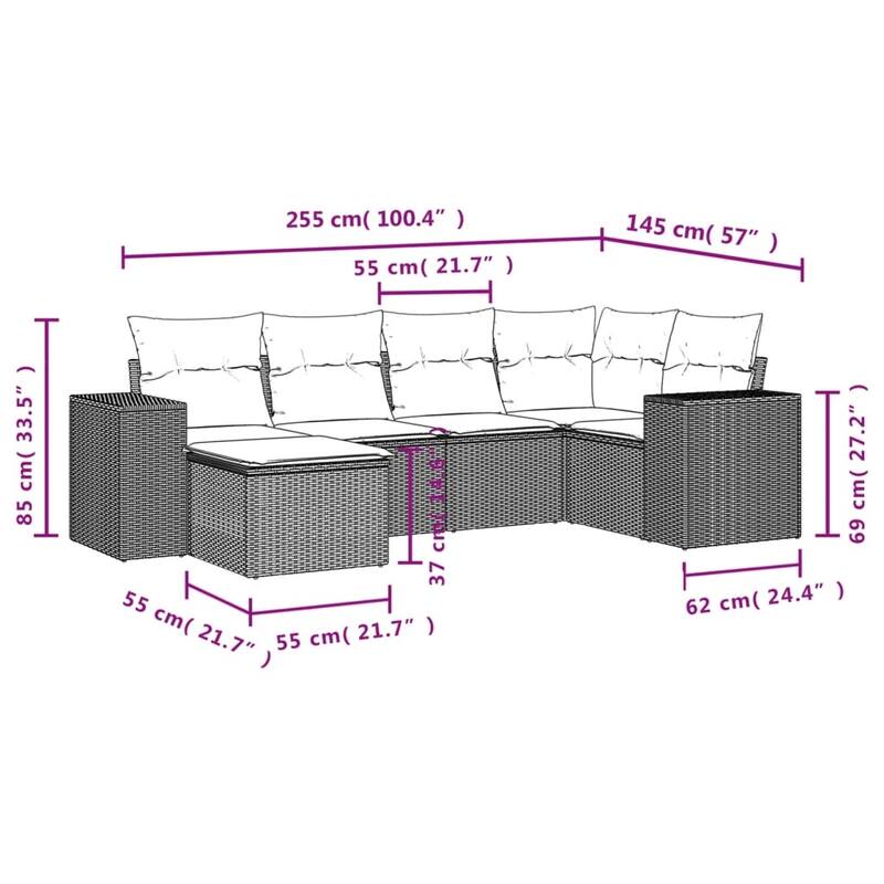 vidaXL Garden Sofa Set Black PE Rattan Lounge Set Adjustable Feet - 24.4 x 32.7 x 27.2