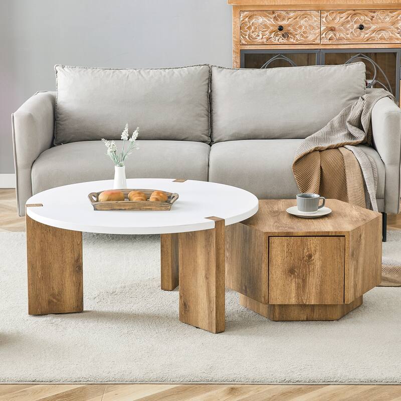 2-Piece Exquisite Coffee Table Set, Lncludes Round Coffee Table and Hexagonal Tea Table with Storage for Living Room